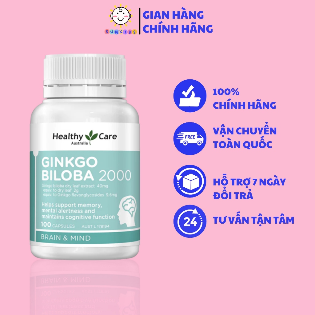 Viên uống bổ não Healthy Care Ginkgo Biloba 2000mg tăng cường trí nhớ