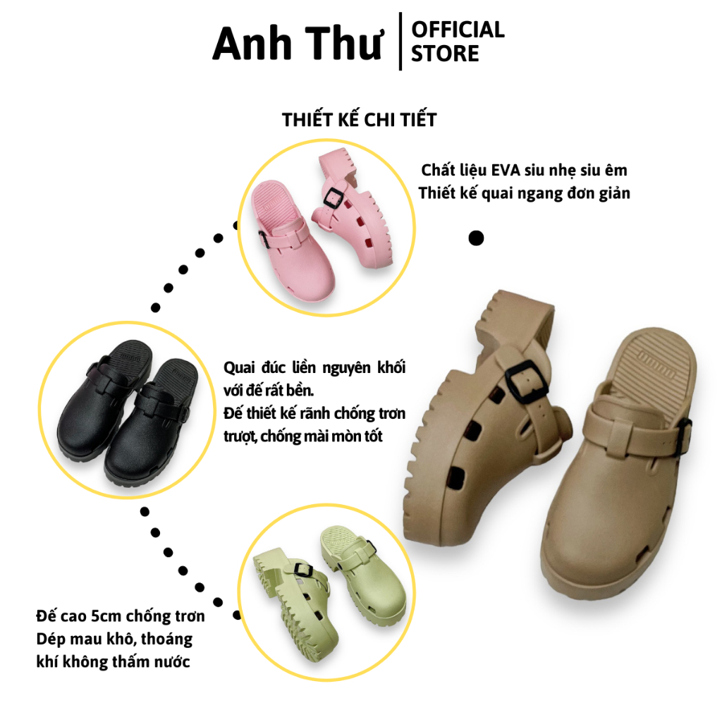 Dép sục bít đầu nữ đế cao 5cm chống trượt chất Eva siêu nhẹ mang êm màu Đen Kem Hồng Nâu Nhạt - Dép Anh Thư