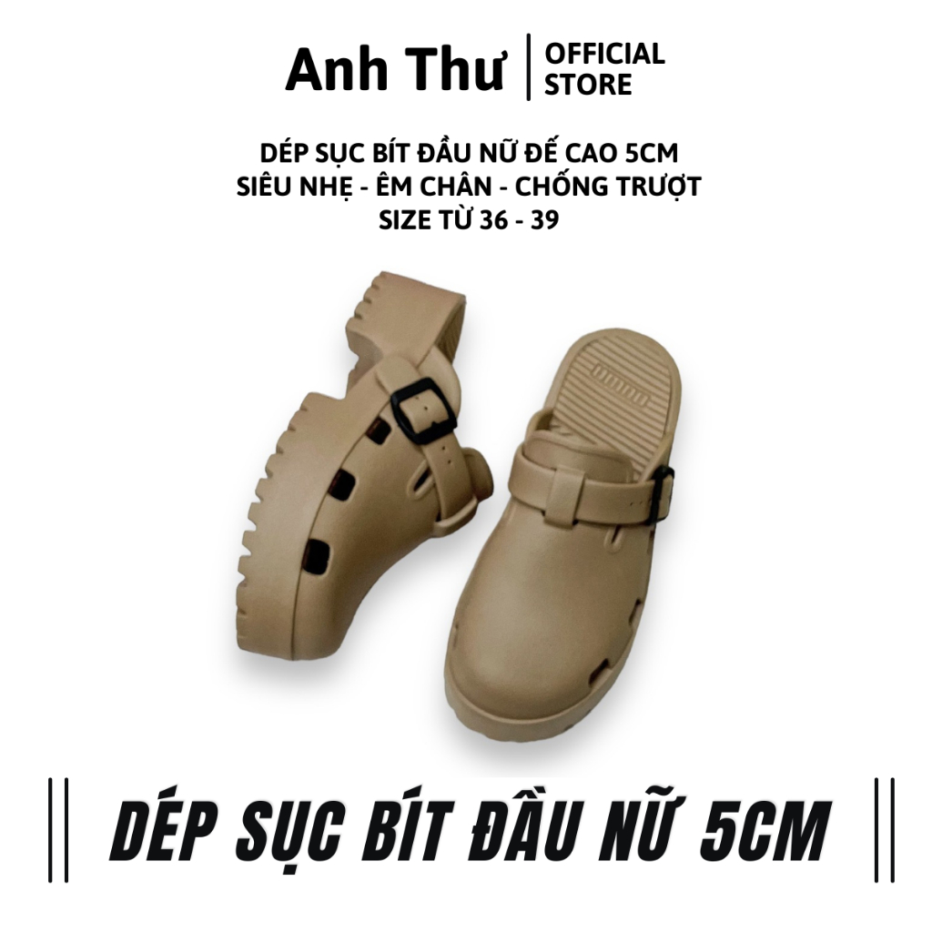 Dép sục bít đầu nữ đế cao 5cm chống trượt chất Eva siêu nhẹ mang êm màu Đen Kem Hồng Nâu Nhạt - Dép Anh Thư