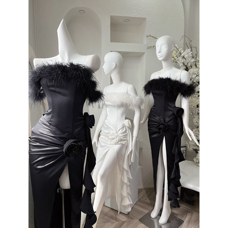 Đầm tiệc trễ vai lông vũ xoắn đính hoa y2k