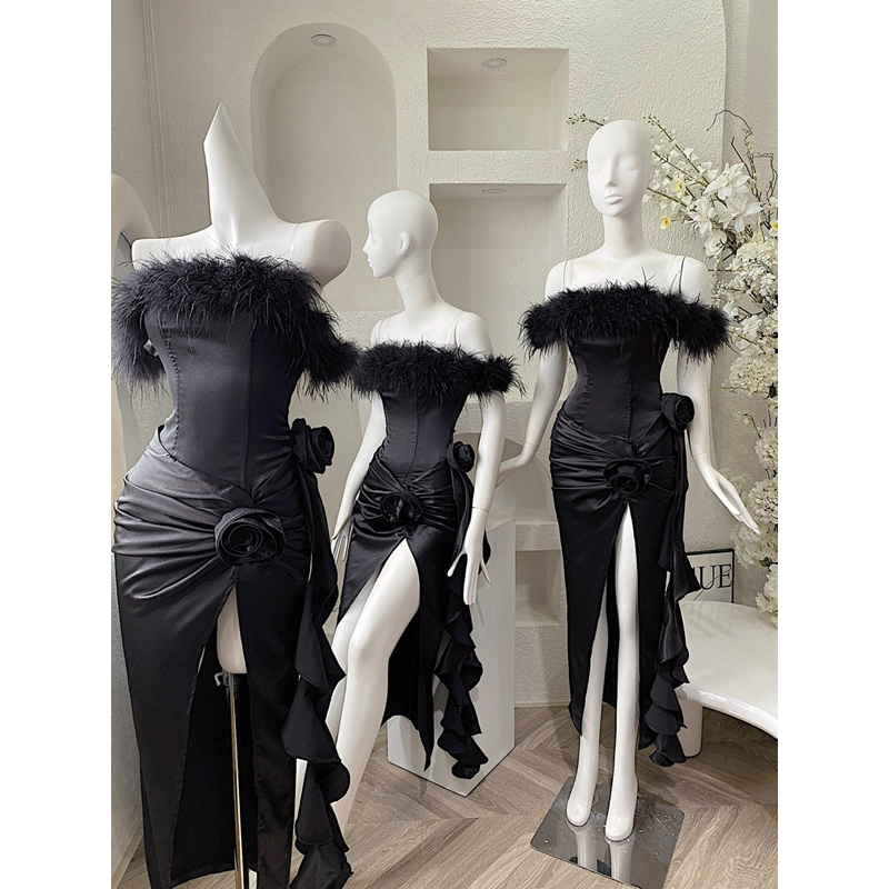 Đầm tiệc trễ vai lông vũ xoắn đính hoa y2k