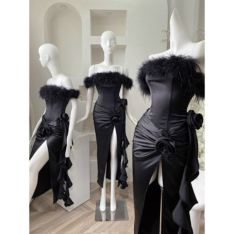 Đầm tiệc trễ vai lông vũ xoắn đính hoa y2k