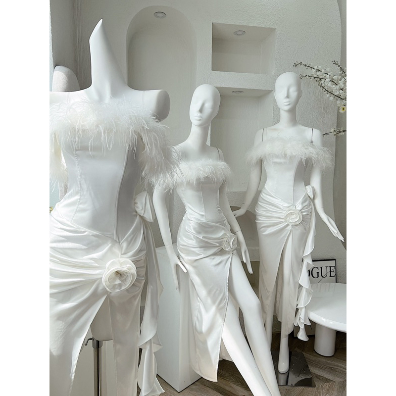 Đầm tiệc trễ vai lông vũ xoắn đính hoa y2k