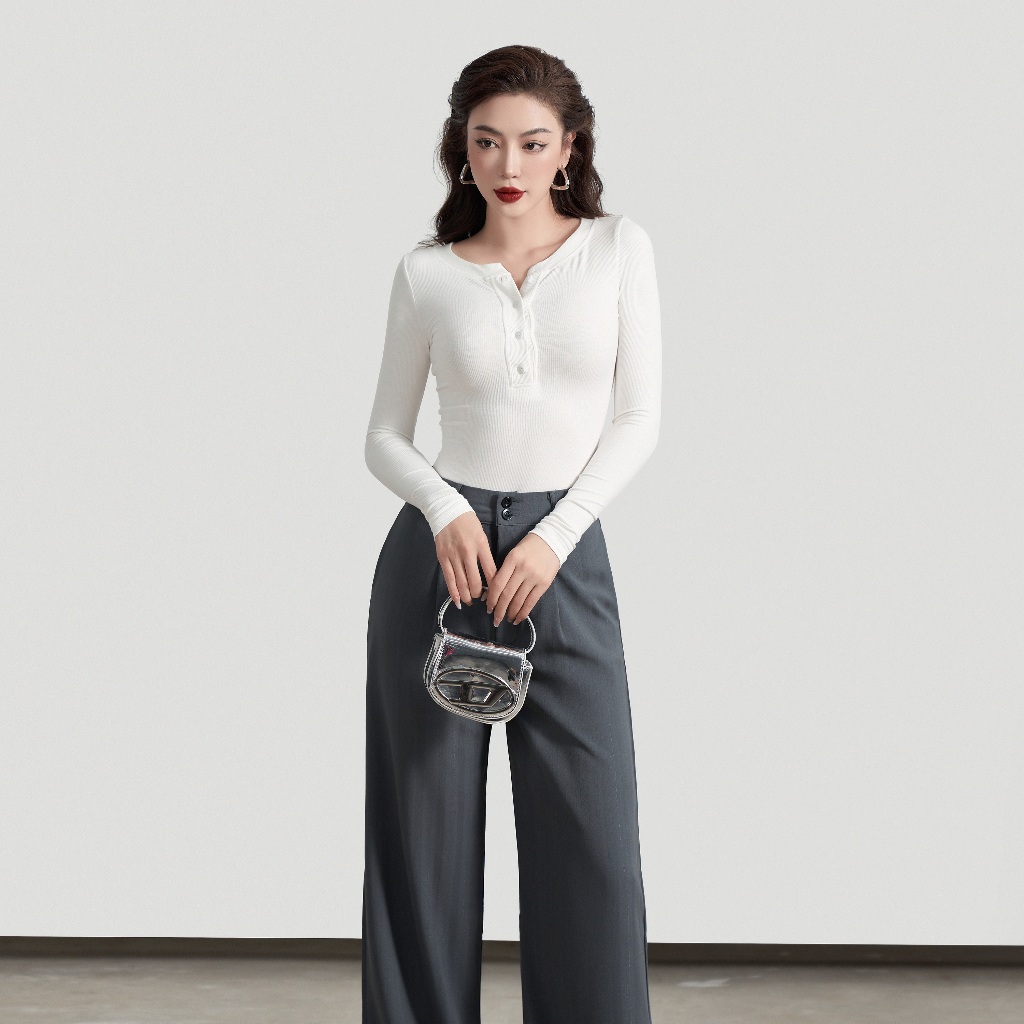 Áo Dài Tay Cổ Trụ Nữ Dáng Thường BUSY Thun Tăm Rayon Co giãn Ôm Sát DT17T