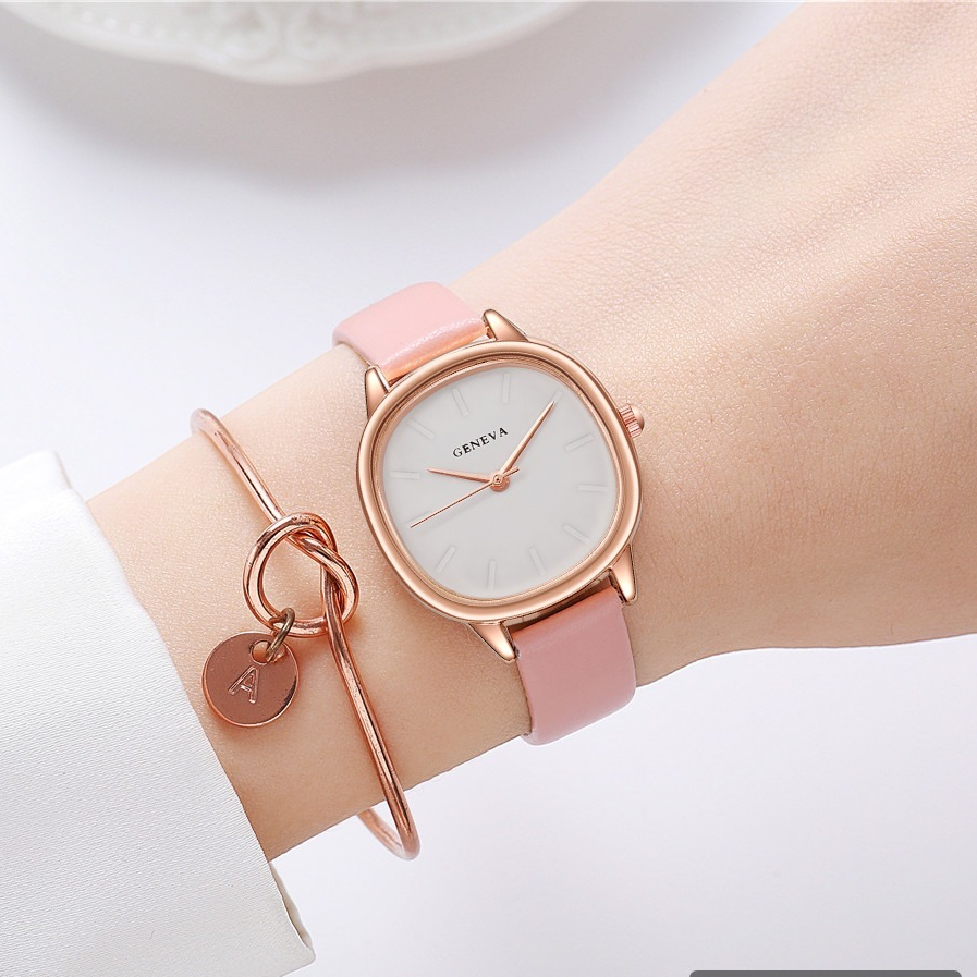 Đồng Hồ Đeo Tay Mặt Vuông Bo Viền GENEVA Dây Da Thời Trang Cao Cấp Cho Nữ DH25