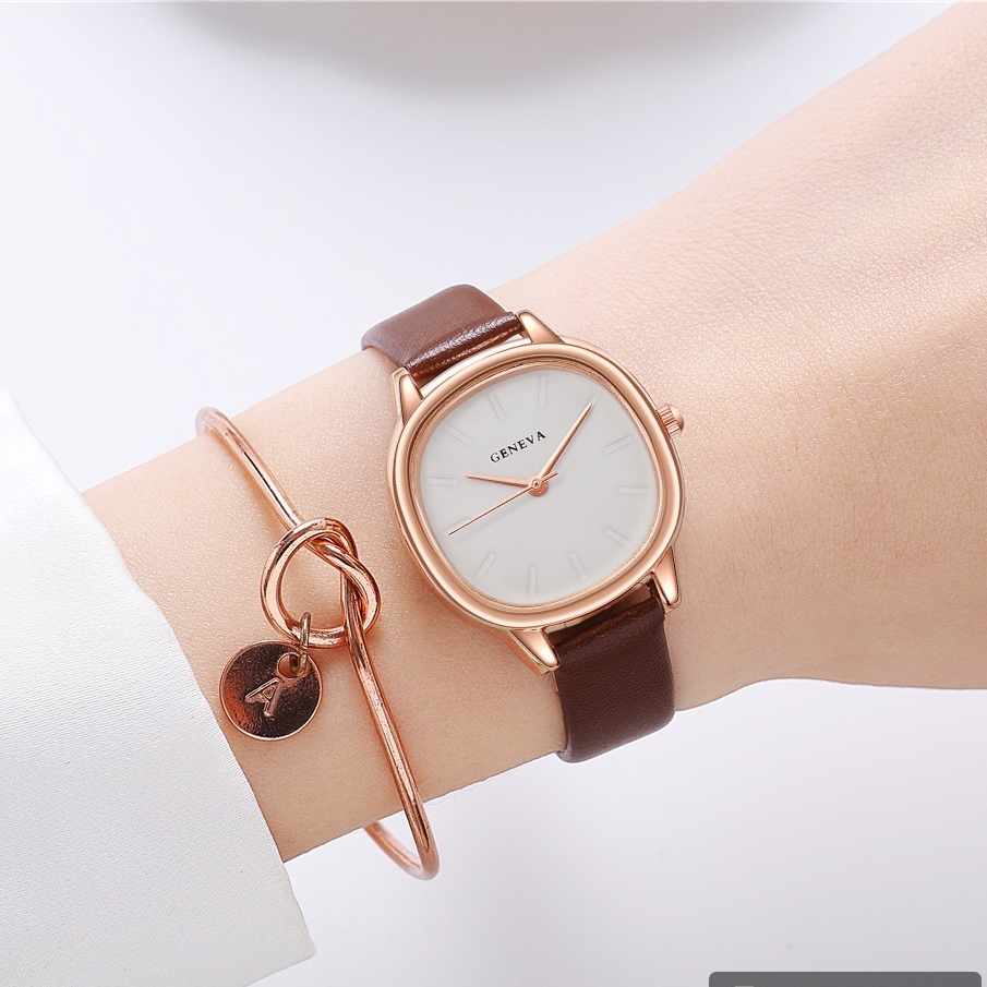 Đồng Hồ Đeo Tay Mặt Vuông Bo Viền GENEVA Dây Da Thời Trang Cao Cấp Cho Nữ DH25