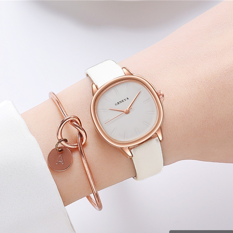 Đồng Hồ Đeo Tay Mặt Vuông Bo Viền GENEVA Dây Da Thời Trang Cao Cấp Cho Nữ DH25