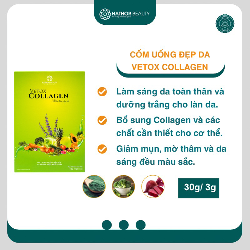 Vetox Collagen Hathor Beauty cốm collagen uống giúp đẹp da chống lão hóa hiệu quả chính hãng Hộp 30g- 3g