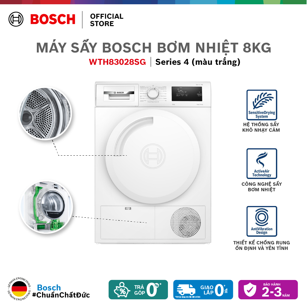 Máy sấy Bosch bơm nhiệt 8kg WTH83028SG - Series 4 - Hàng chính hãng