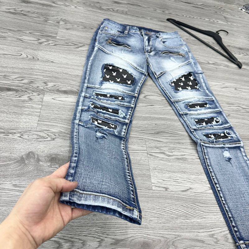Quần Jeans Nam Xanh Bạc Rách Vá Da Nhăn Thỏ , Quần Bò Nam Phong Cách BOY Phố BN23