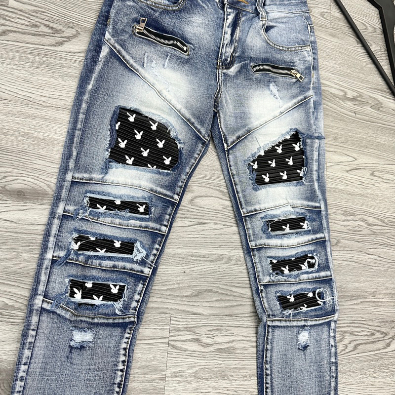 Quần Jeans Nam Xanh Bạc Rách Vá Da Nhăn Thỏ , Quần Bò Nam Phong Cách BOY Phố BN23