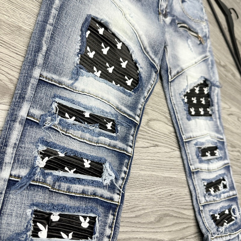Quần Jeans Nam Xanh Bạc Rách Vá Da Nhăn Thỏ , Quần Bò Nam Phong Cách BOY Phố BN23