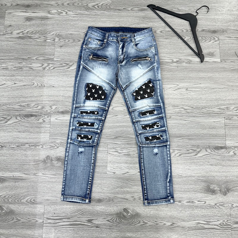 Quần Jeans Nam Xanh Bạc Rách Vá Da Nhăn Thỏ , Quần Bò Nam Phong Cách BOY Phố BN23