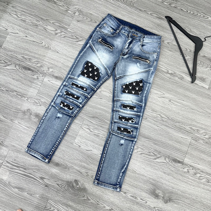 Quần Jeans Nam Xanh Bạc Rách Vá Da Nhăn Thỏ , Quần Bò Nam Phong Cách BOY Phố BN23