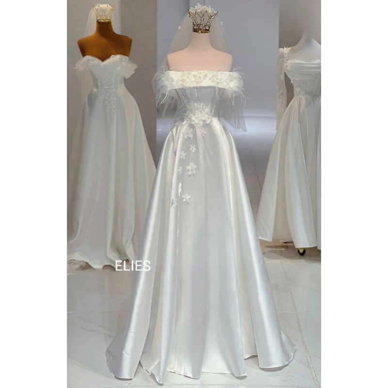 ELIES Đầm cưới trễ vai cổ điển đính hoa 3D kết lông vũ nẹp gọng đan dây sau lưng