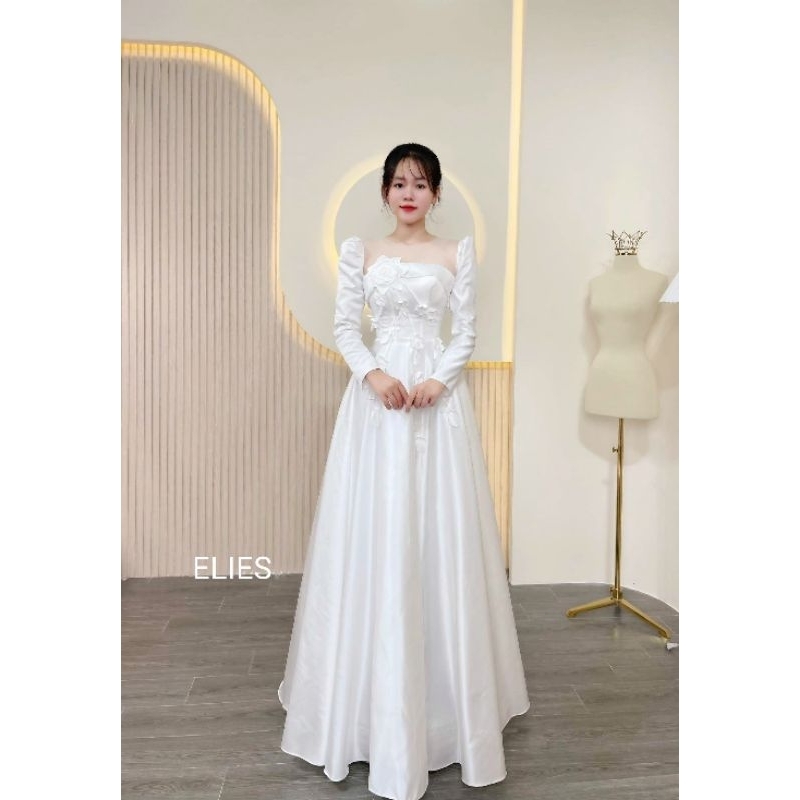 ELIES đầm cưới tay dài kết hoa 3D đan dây sau lưng