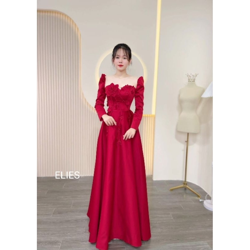 ELIES đầm cưới tay dài kết hoa 3D đan dây sau lưng