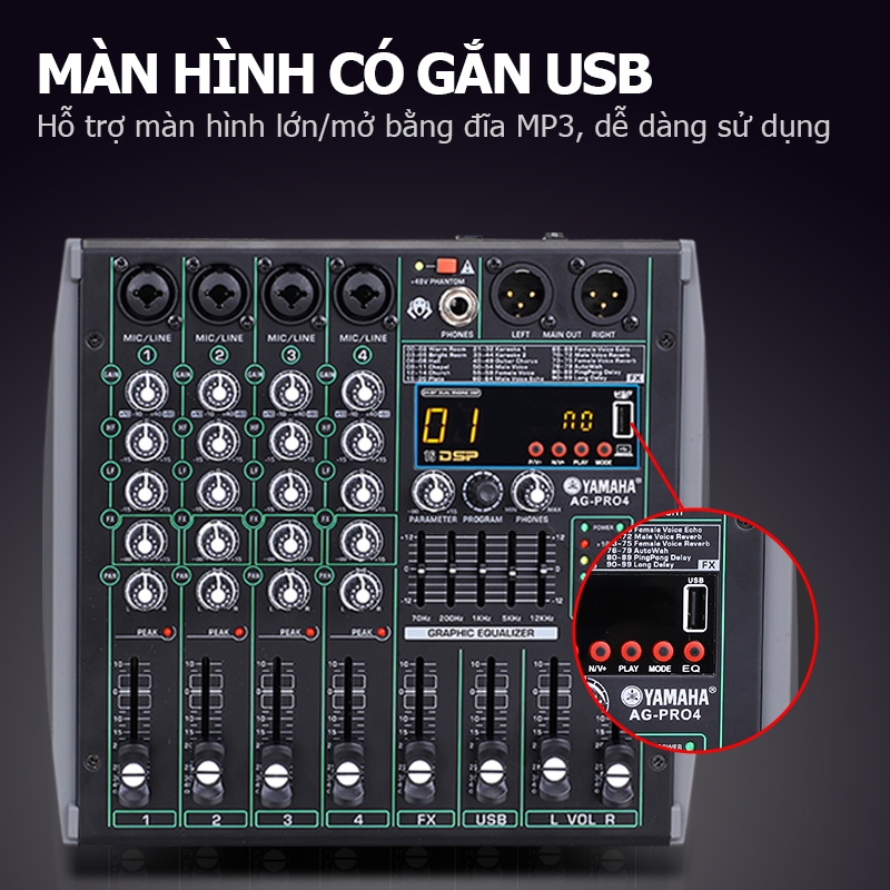 Yamaha/AG-PRO4 chính hãng mixer karaoke,99 DSP Effects,USB có card âm thanh,USB ghi âm máy tính,ghi đĩa U ghi trực tiếp