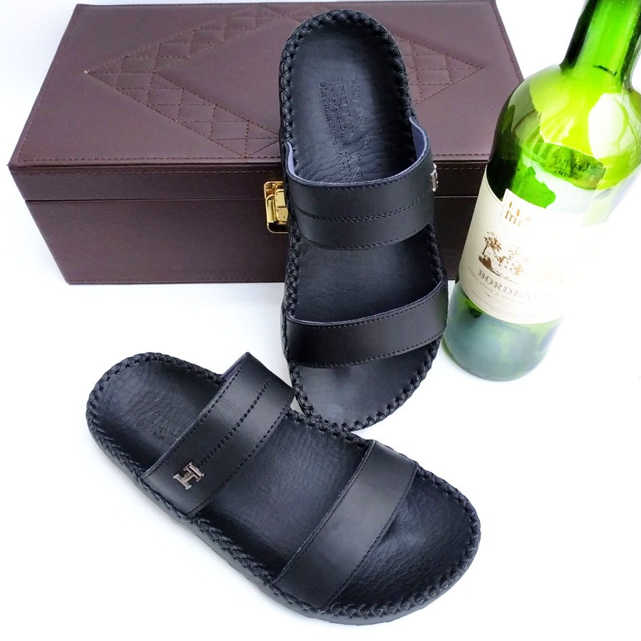 Dép da nam 2 quai cá sấu cao cấp đế cao su đúc cao 3cm thời trang - D73