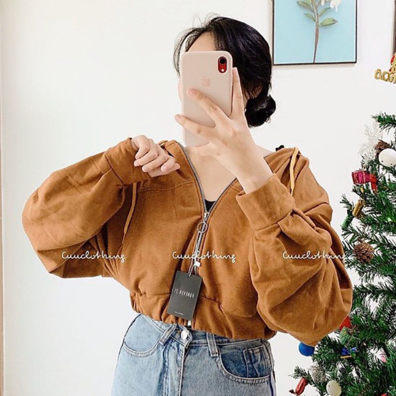 Áo khoác croptop nỉ ngoại tay phồng - ảnh thật