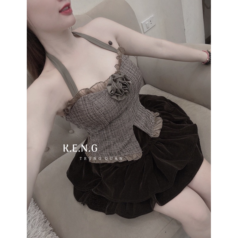 Set áo dạ chun lưng phối chân váy nhung xoè siêu xinh