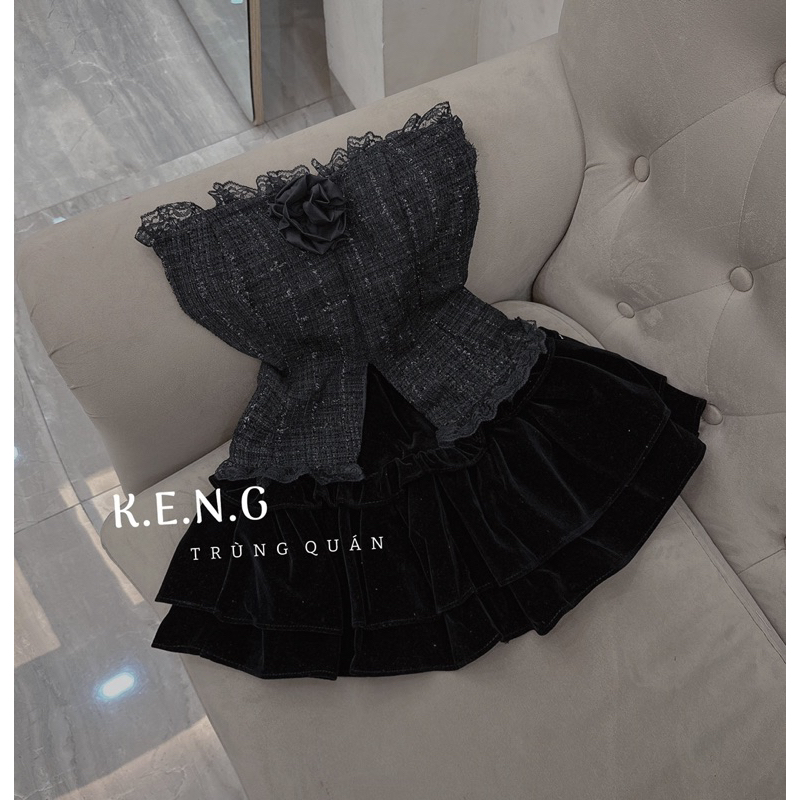 Set áo dạ chun lưng phối chân váy nhung xoè siêu xinh