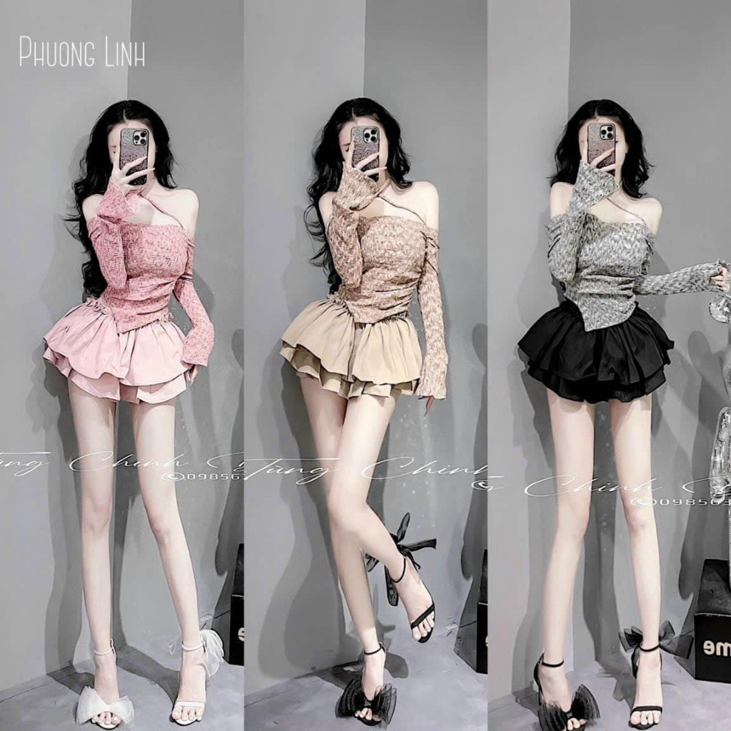 Sét Đồ Bộ Nữ, Sét áo Ren Dây Chéo Vạt Lệch Dài Tay Mix Chân Váy Xòe Ngắn 2 Tầng 3 Màu Trẻ Trung, Năng Động.