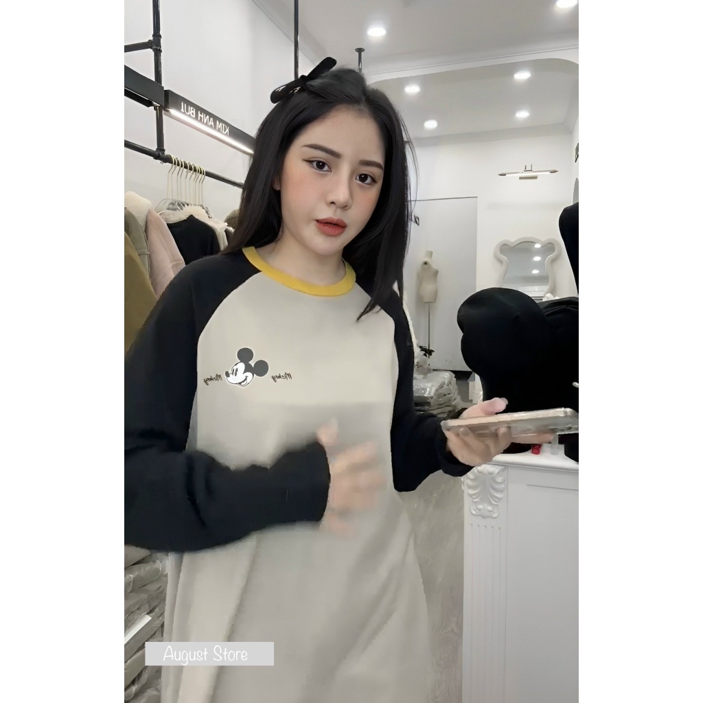 Áo Thun Dài Tay Mickey Họa Tiết 2 Mặt Dáng Rộng Giấu Quần Trùm Mông Freesize