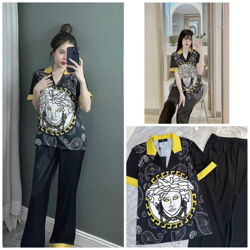 Bộ pijama lụa cao cấp Quảng Châu McQueen tay ngắn medusa đen