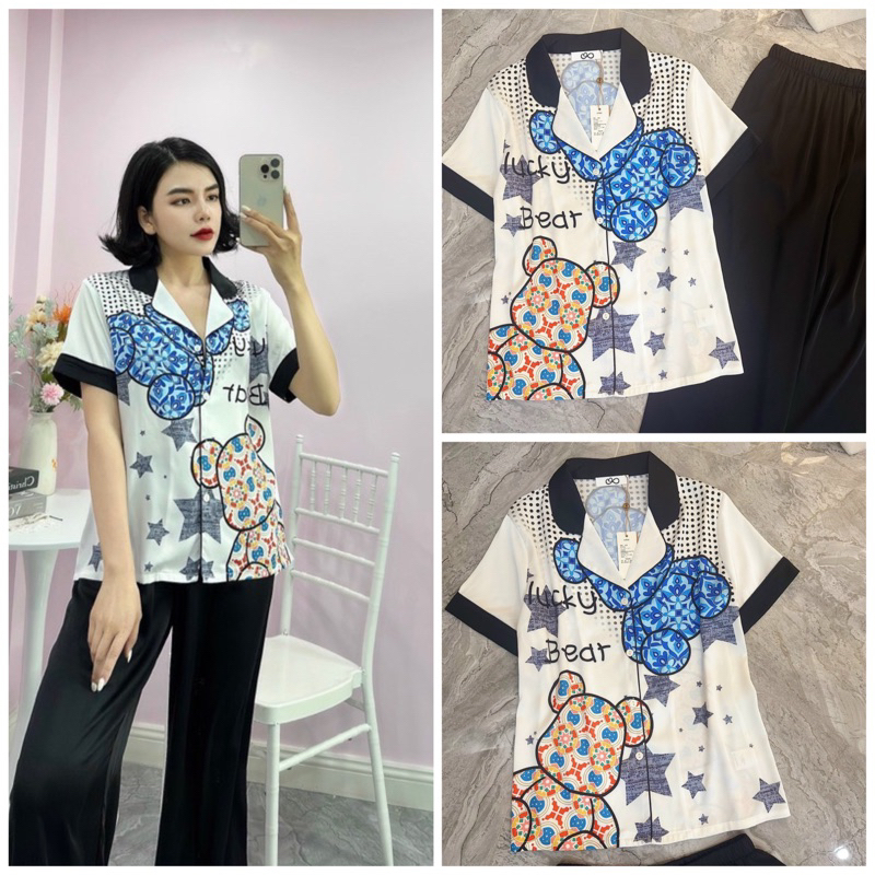 Bộ ngủ mặc nhà pijama lụa cao cấp Quảng Châu tay ngắn gấu nhiều màu