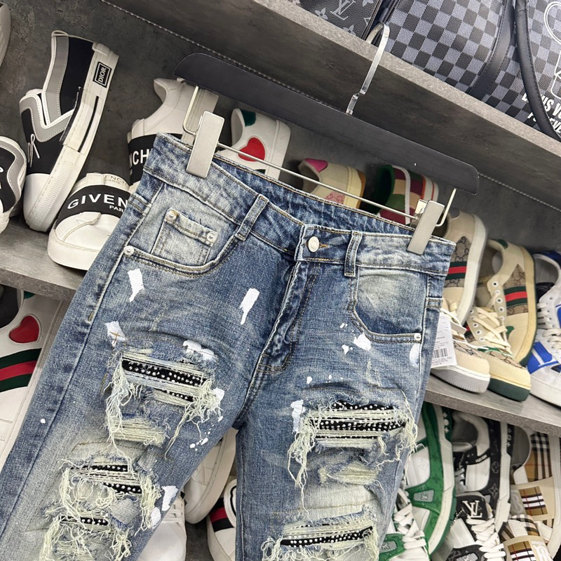 Quần Jean Nam Amiri Slimfit Xanh Rách Tua Đùi Gối , Quần Bò Nam Vá Vải Đính Đá Bạc Phối Vảy BN25