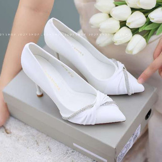 Giày Cưới - Giày cô dâu - Giày Gót Đũa WDQJ Mũi Nhọn Xoắn Đính Dây Đá Cao 10p QCCC Fullbox