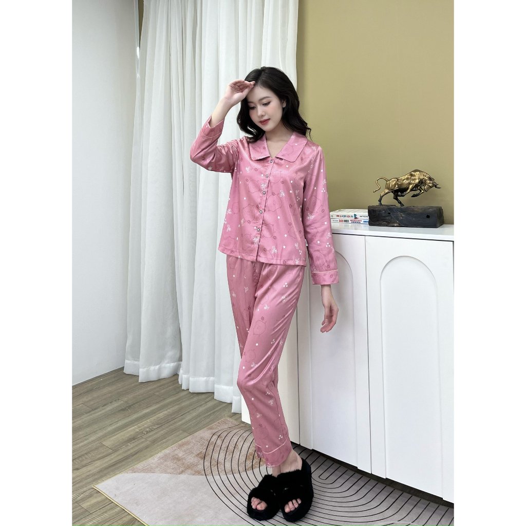 Bô đồ pijama Kelin cao cấp dáng dài thu đông họa tiết hình heo dễ thương chất lụa vân gỗ mềm mịn nhẹ nhàng