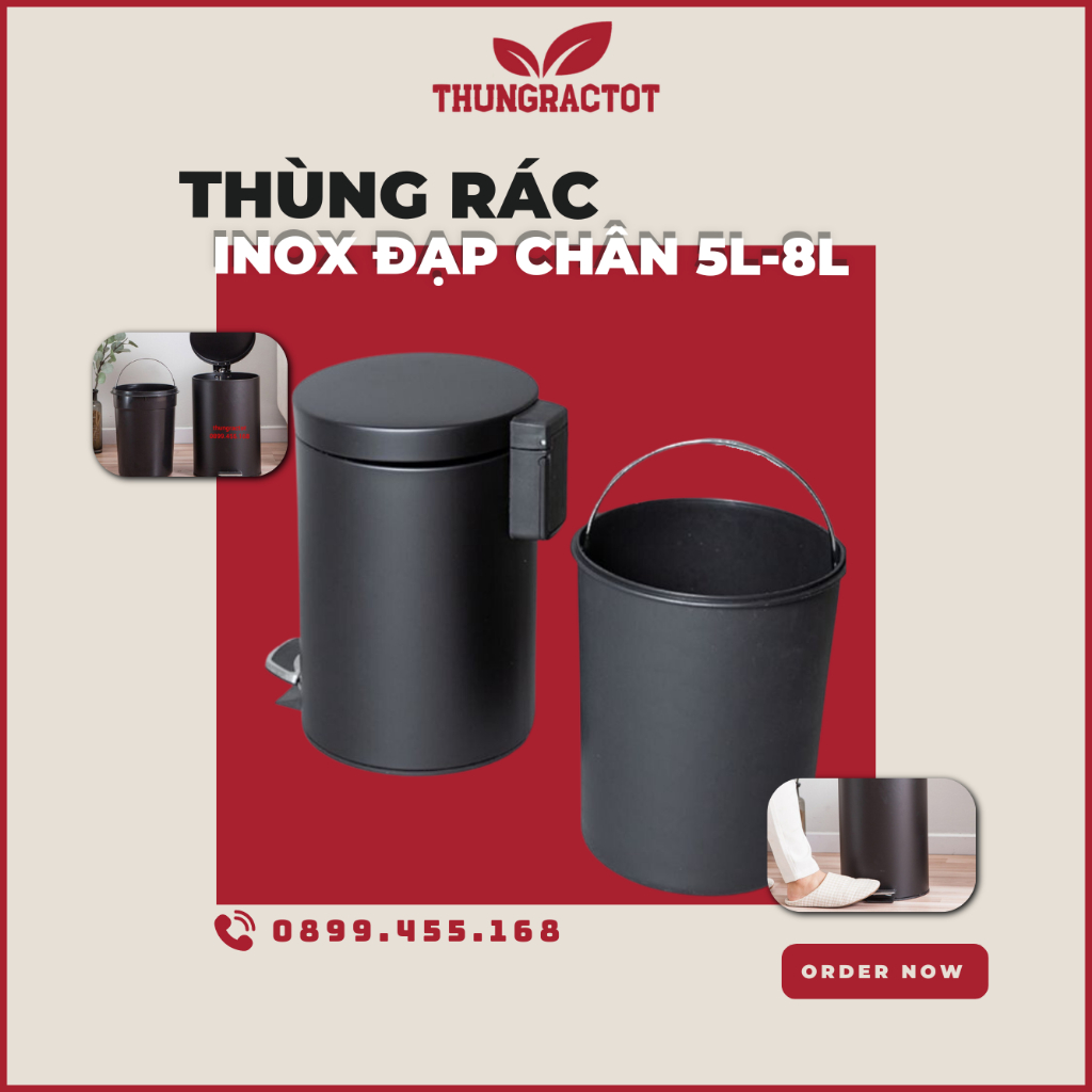 Thùng rác inox đạp chân 5 lít / 8 lít đen sang trọng, tiện lợi cho gia đình, văn phòng