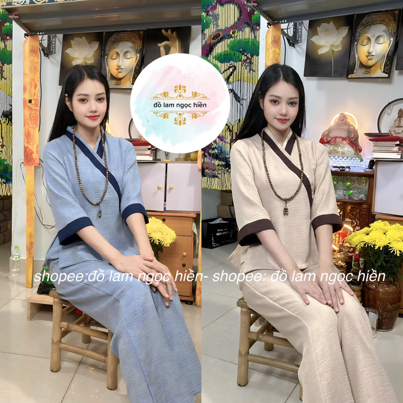 Mẫu Đồ Lam Đi Chùa Nữ Thiền An Nhiên Chất Vải Đũi Vân Mây