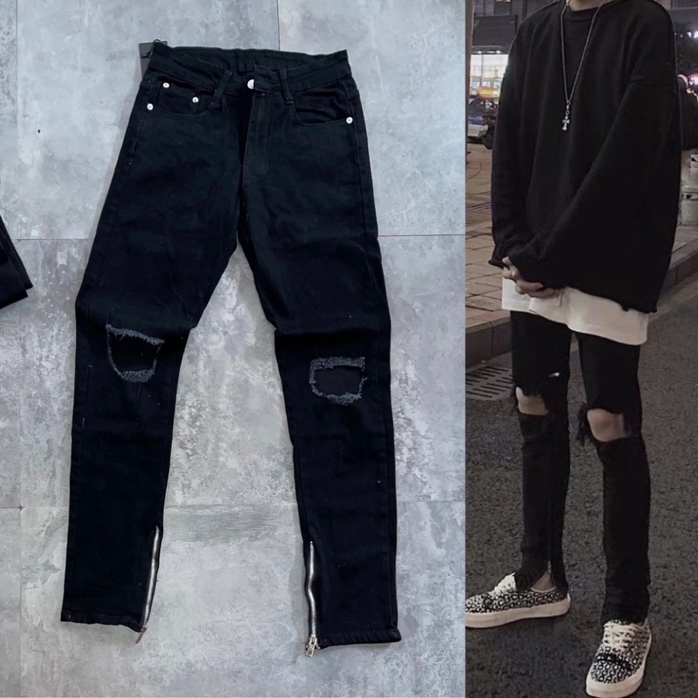 Quần Jean Nam Streetwear , Quần Bò Nam  Rách Thủng Gối Khoá Zip Ống Dáng Slimfitp BN33