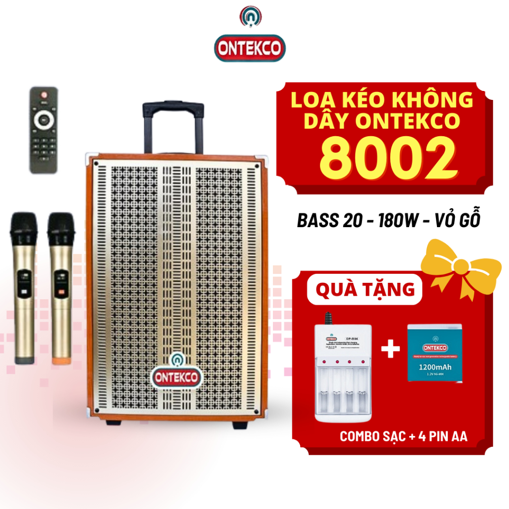 Loa kéo hát karaoke Ontekco 8001/8002 bluetooth đi kèm 2 mic, loa kéo không dây chuyên nghiệp, âm thanh sắc nét, kèm quà