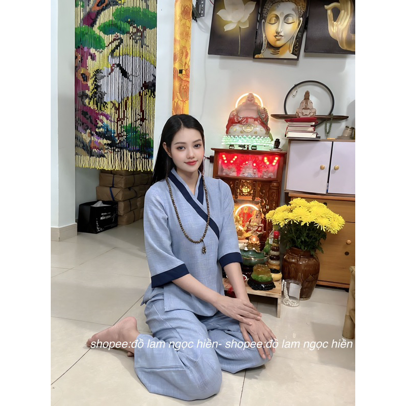 Mẫu Đồ Lam Đi Chùa Nữ Thiền An Nhiên Chất Vải Đũi Vân Mây