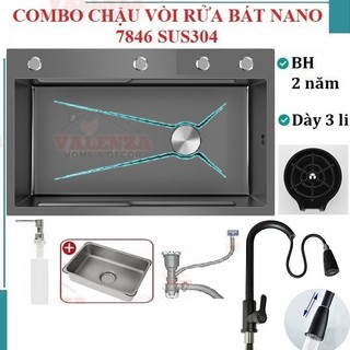 Chậu rửa bát 1 hố sus304 nano đen Valenza 7846 dày 3li kèm vòi rửa bát rút dây nano bộ xả khay inox rửa ly bình rửa bát