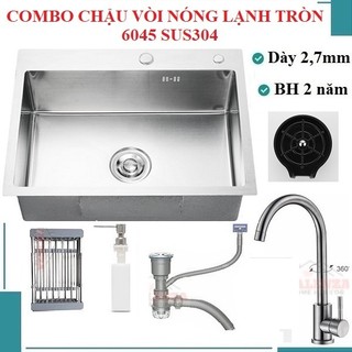 Chậu rửa bát 1 hố sus304 6045 Valenza dày 2,7li vòi tròn nóng lạnh, rổ inox, rửa ly cốc,bình rửa bát