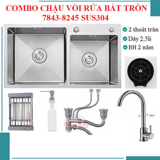 Chậu rửa bát sus304 hai hố lệch 7843, 8245 Valenza vòi rửa nóng lạnh tròn sus304 bộ xả rổ inox bình nước rửa chén rửa ly