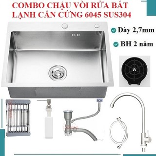 Chậu rửa bát 1 hố sus304 6045 Valenza dày 2,7li kèm vòi rửa bát lạnh cần cứng, bộ xả, rổ inox, bình nước rửa bát, rửa ly