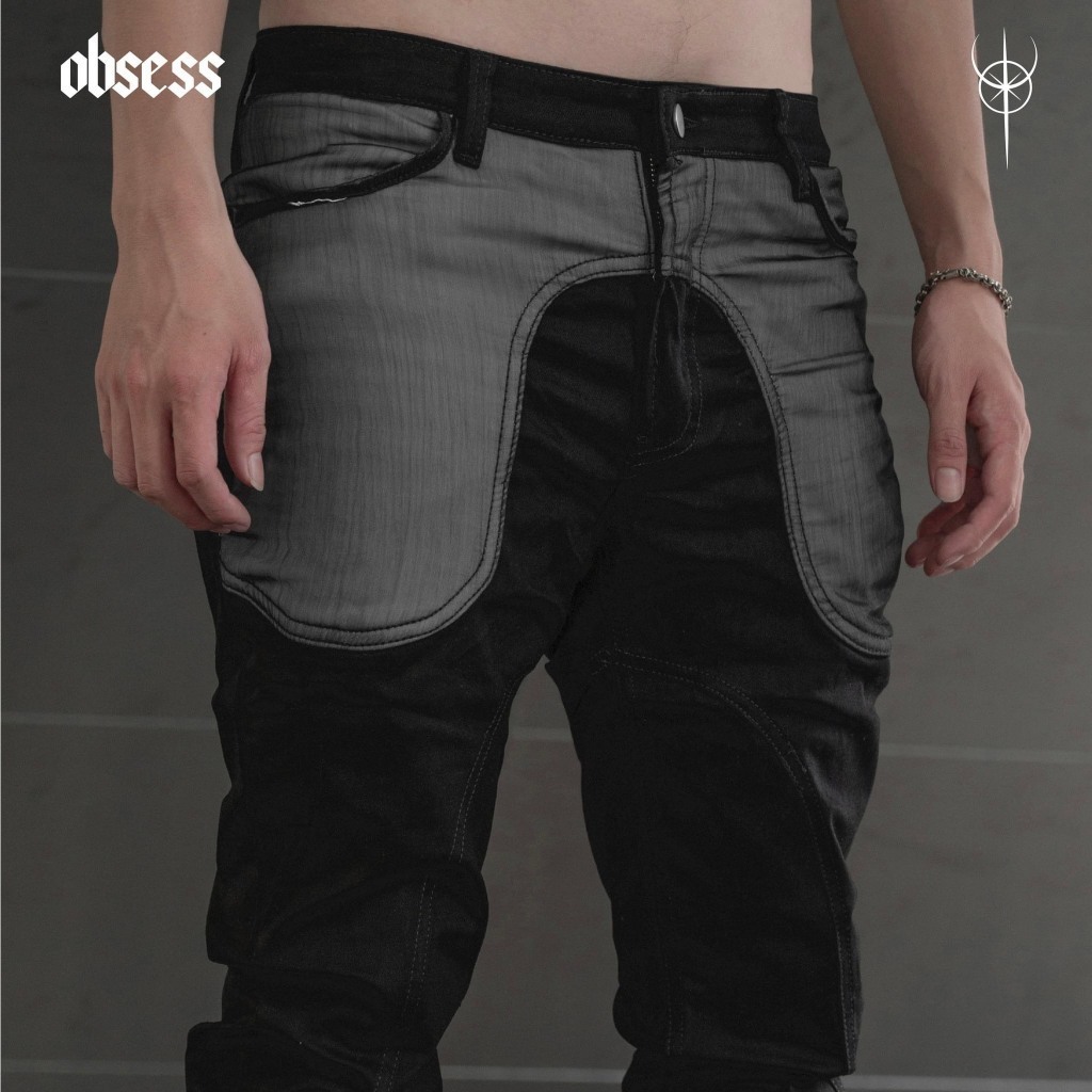 Quần Jeans Nam Obses Đen Phối Túi Xám Form Slimfit Chất Jean Cao Cấp, Quần Bò Nam Obses Đen Phối Da Bạc BN35