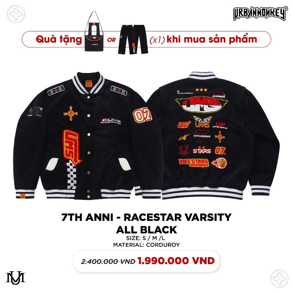 Áo Khoác Varsity Nam Unisex Urban Monkey 7TH Race Star Varsity All Black Nhung Tăm Họa Tiết Thuê FullÁo