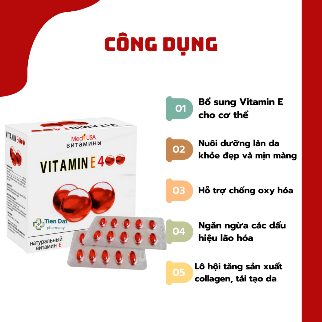 Vitamin E đỏ 4000mcg, Aloe vera 500mg - Giúp đẹp da, giảm lão hóa, trắng da