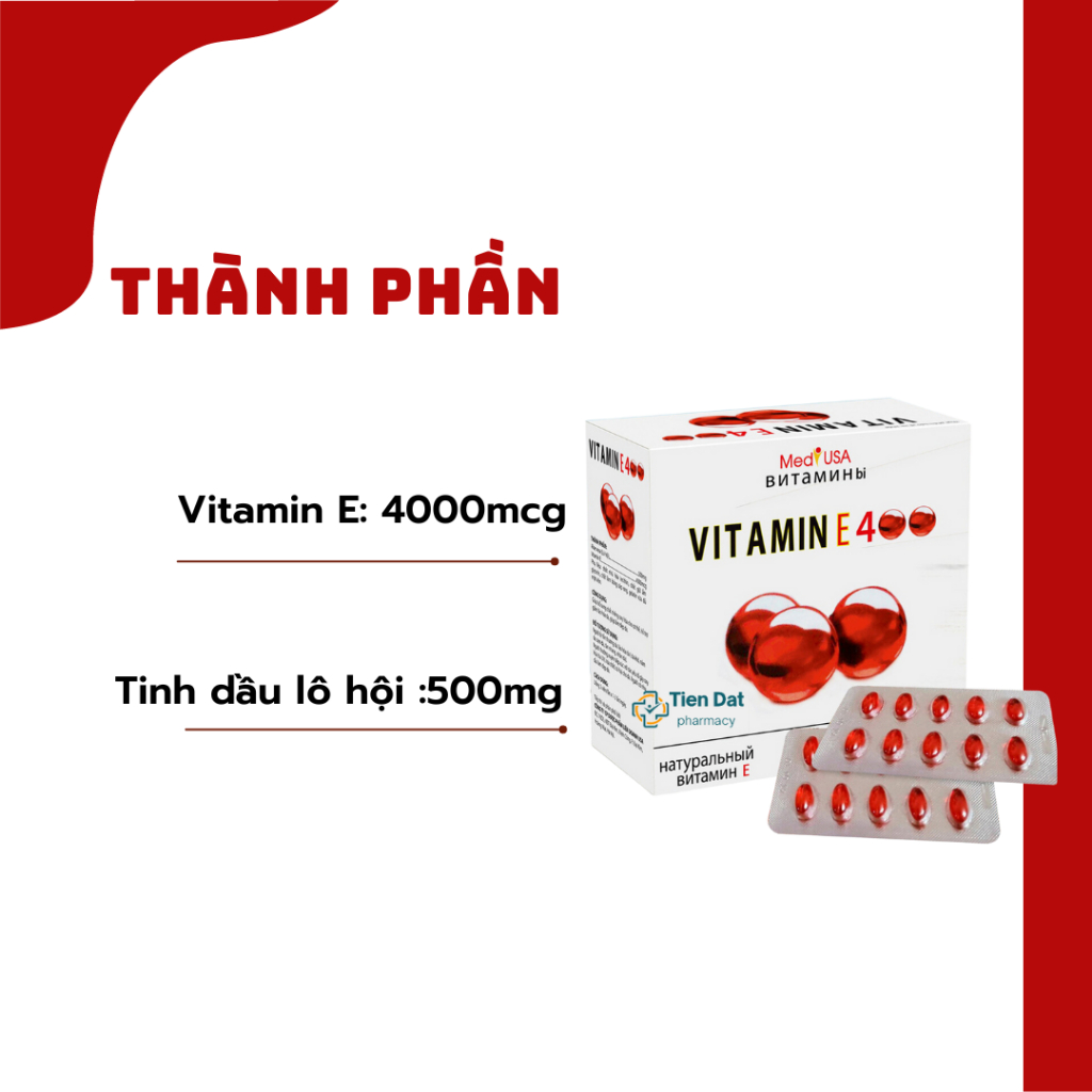 Vitamin E đỏ 4000mcg, Aloe vera 500mg - Giúp đẹp da, giảm lão hóa, trắng da