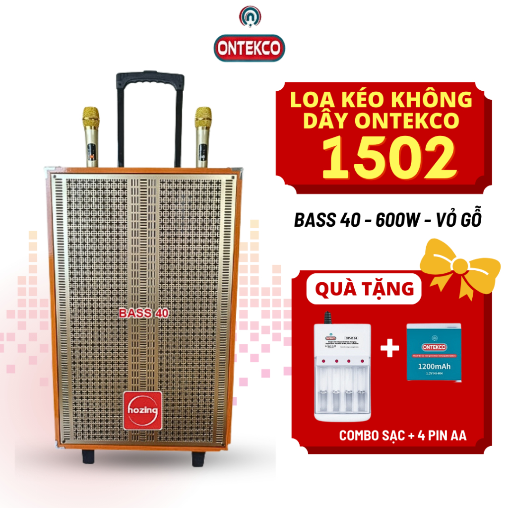 Loa kéo karaoke Ontekco 1502 bass 40 vỏ gỗ tặng kèm 2 mic, âm thanh sắc nét chống hú, mặt lưới kim loại, BH 12 tháng