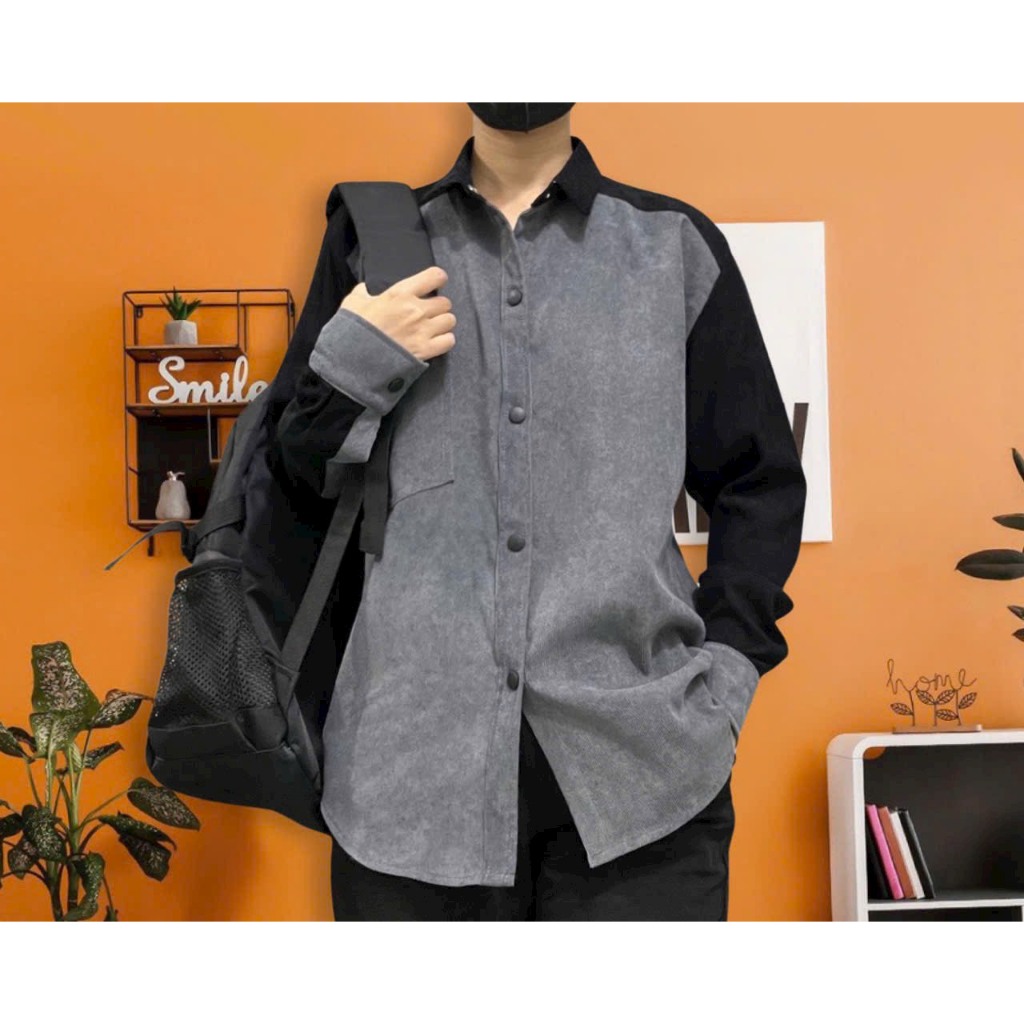 Áo sơ mi dài tay nam nữ dáng rộng vải nhung tăm phối màu rất đẹp