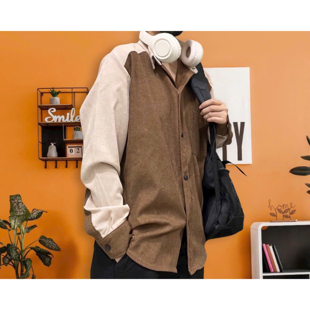 Áo sơ mi dài tay nam nữ dáng rộng vải nhung tăm phối màu rất đẹp