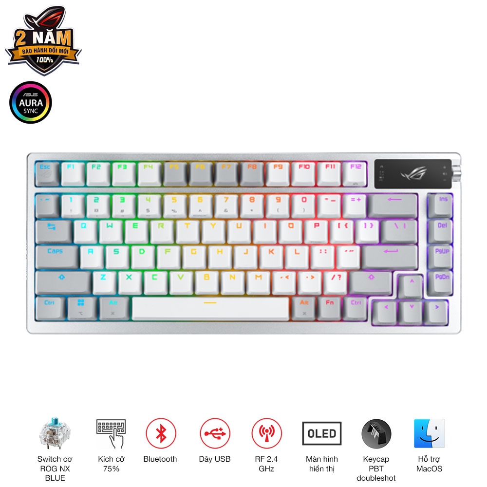 Bàn phím cơ custom không dây ASUS ROG AZOTH , kích thước 75%, ROG NX Switch, Màn hình OLED,Hot-Swap